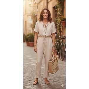 Line & Dot Red/Cream Cotton/Linen Striped‎ Short Sleeve Button Down Jumpsuit - S